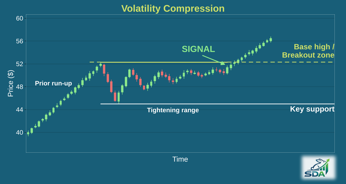 Illustration of the volatility compression chart pattern, marking the bar where our screener signals